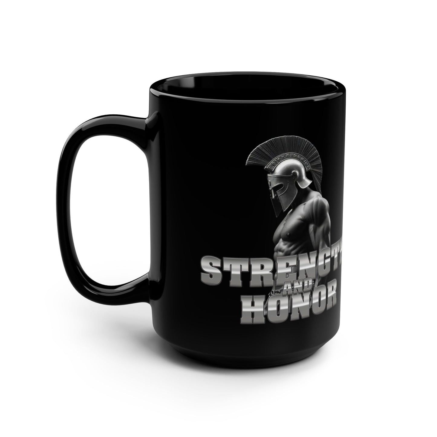 Strength and Honor Spartan Warrior, Black Mug, 15oz