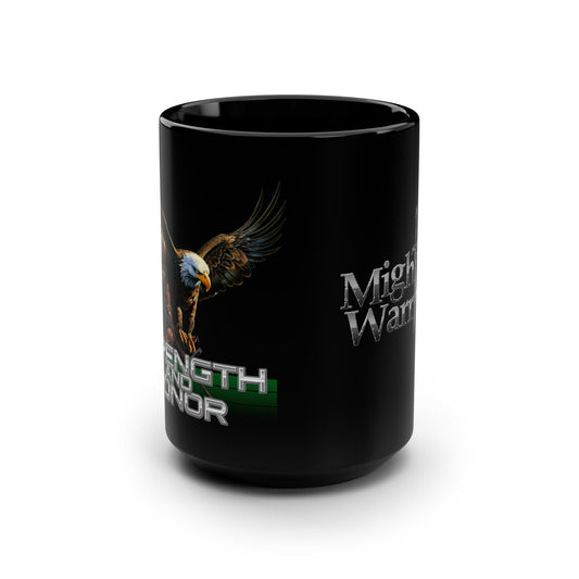 Military Strength and Honor: Mighty Warrior Trademark Design, Black Mug, 15oz