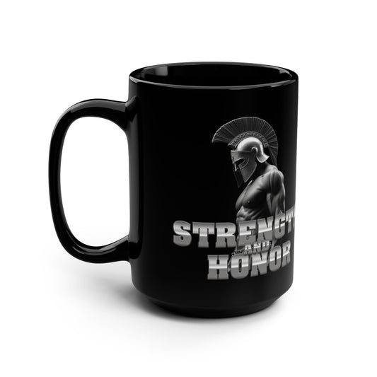 Strength and Honor Spartan Warrior, Black Mug, 15oz