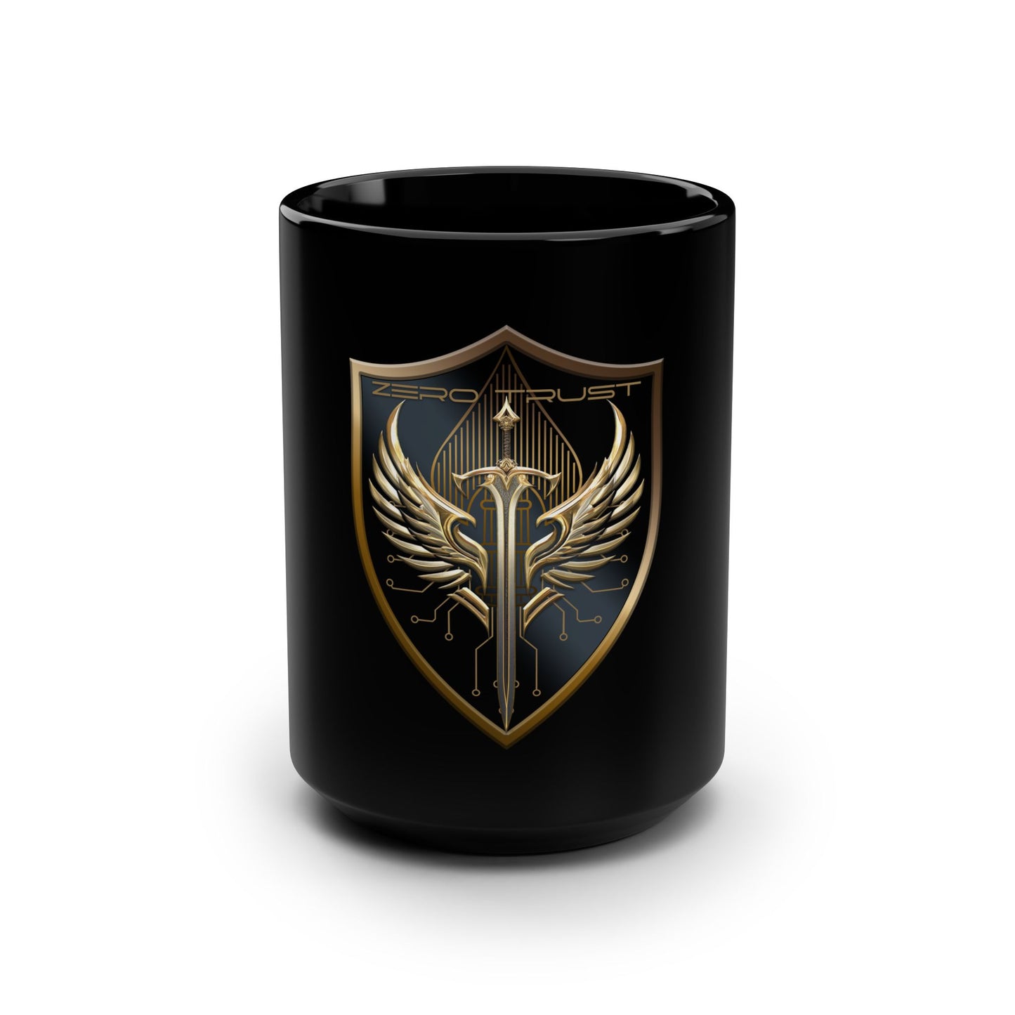 Zero Trust Shield 15oz Black Mug – Gold Sword & Wings Emblem