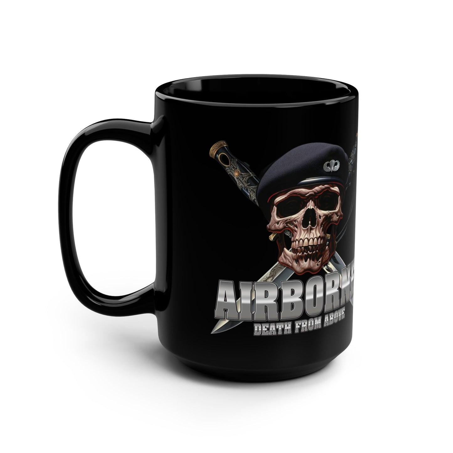Airborne Death from Above Mug - 15oz Black Coffee Cup, Skull Design, Perfect Gift for Warriors and Adventurers, Halloween, Birthdays