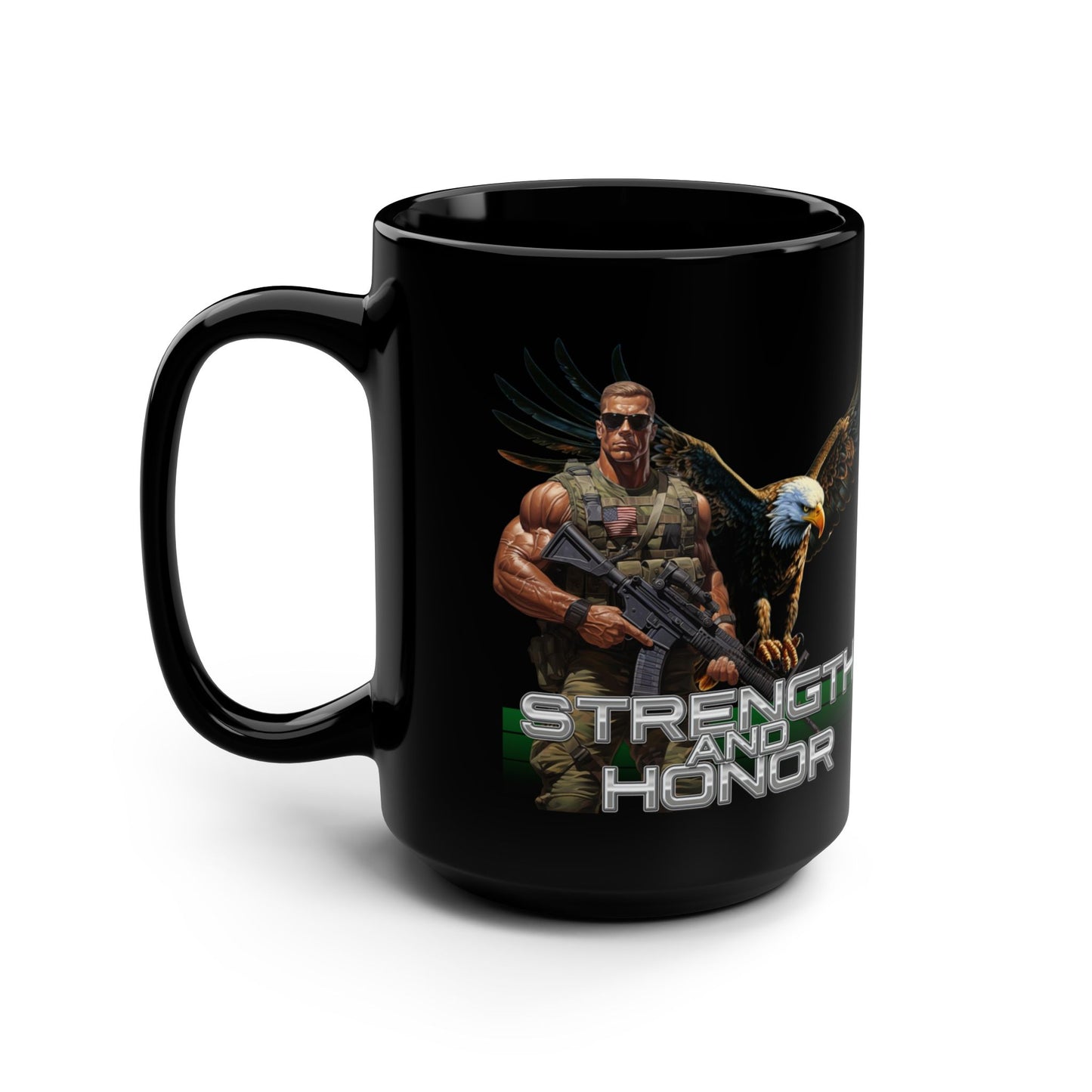 Military Strength and Honor: Mighty Warrior Trademark Design, Black Mug, 15oz