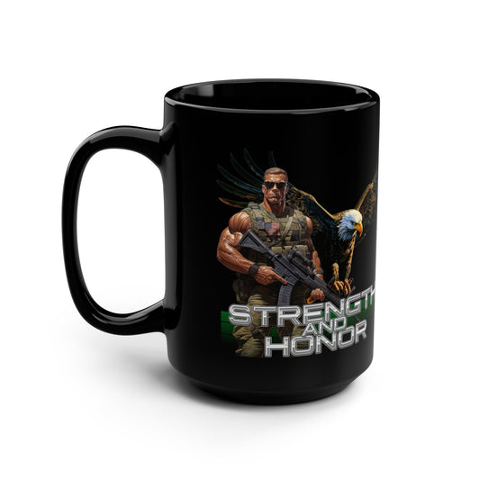 Military Strength and Honor: Mighty Warrior Trademark Design, Black Mug, 15oz