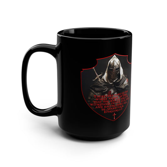 Ephesians Armor of God - Warrior's Black Mug | 15oz Ceramic Cup for Coffee & Tea Lovers, Gift for Gamers, Armor Design, Fantasy Fun, Unique Kitchen Decor